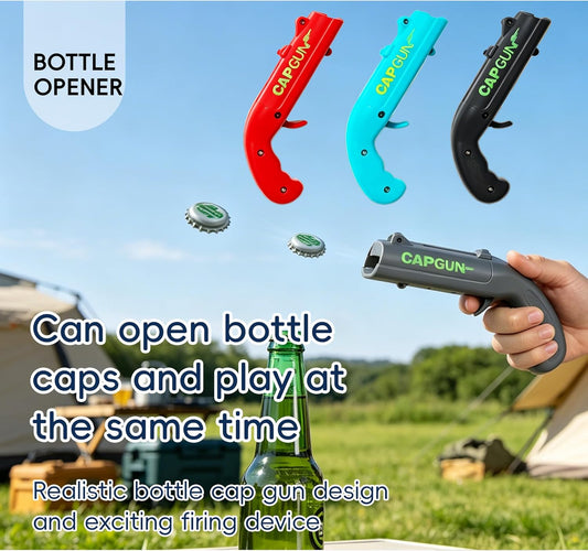 Bottle Opener with Cap Launcher – Funny Shooting Gun for Parties, BBQ, Tailgates – Unique Beer Cap Shooter Gadget for Men – Cool Gifts for Dad, Husband, Him on Birthday, Father's Day(Red+Blue)