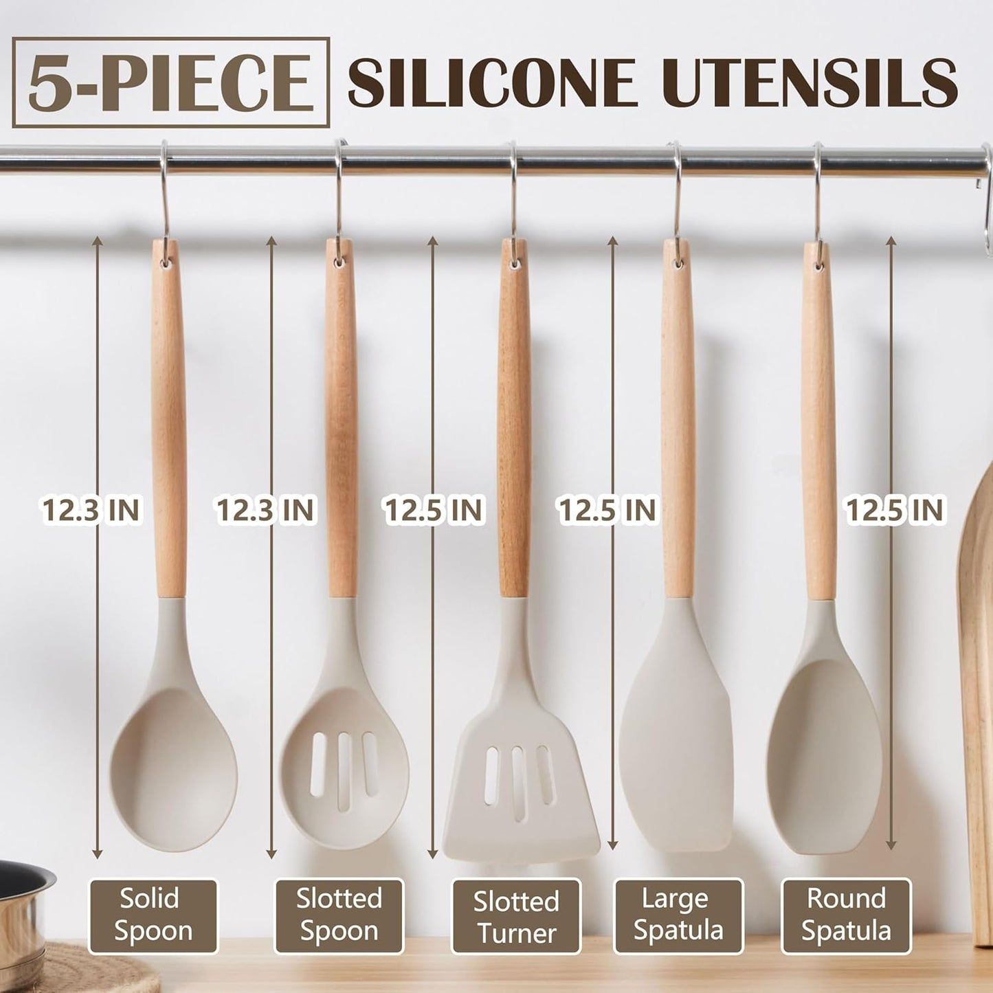 E-far Silicone Cooking Utensils Set, 10-Piece Heat Resistant Kitchen Utensils Set with Wooden Handle for Nonstick Cookware, Kitchen Nonstick Tools Spatula Whisk Tongs Ladle, Non-toxic & Healthy(Khaki)