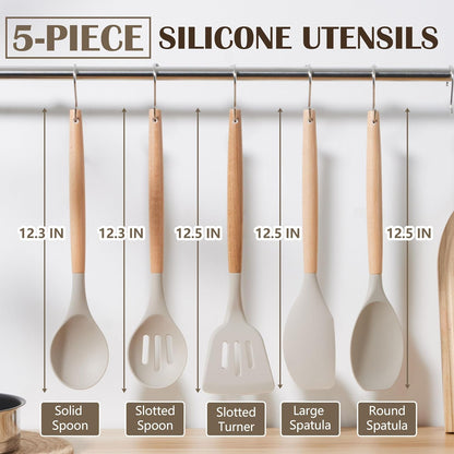 E-far Silicone Cooking Utensils Set, 10-Piece Heat Resistant Kitchen Utensils Set with Wooden Handle for Nonstick Cookware, Kitchen Nonstick Tools Spatula Whisk Tongs Ladle, Non-toxic & Healthy(Khaki)