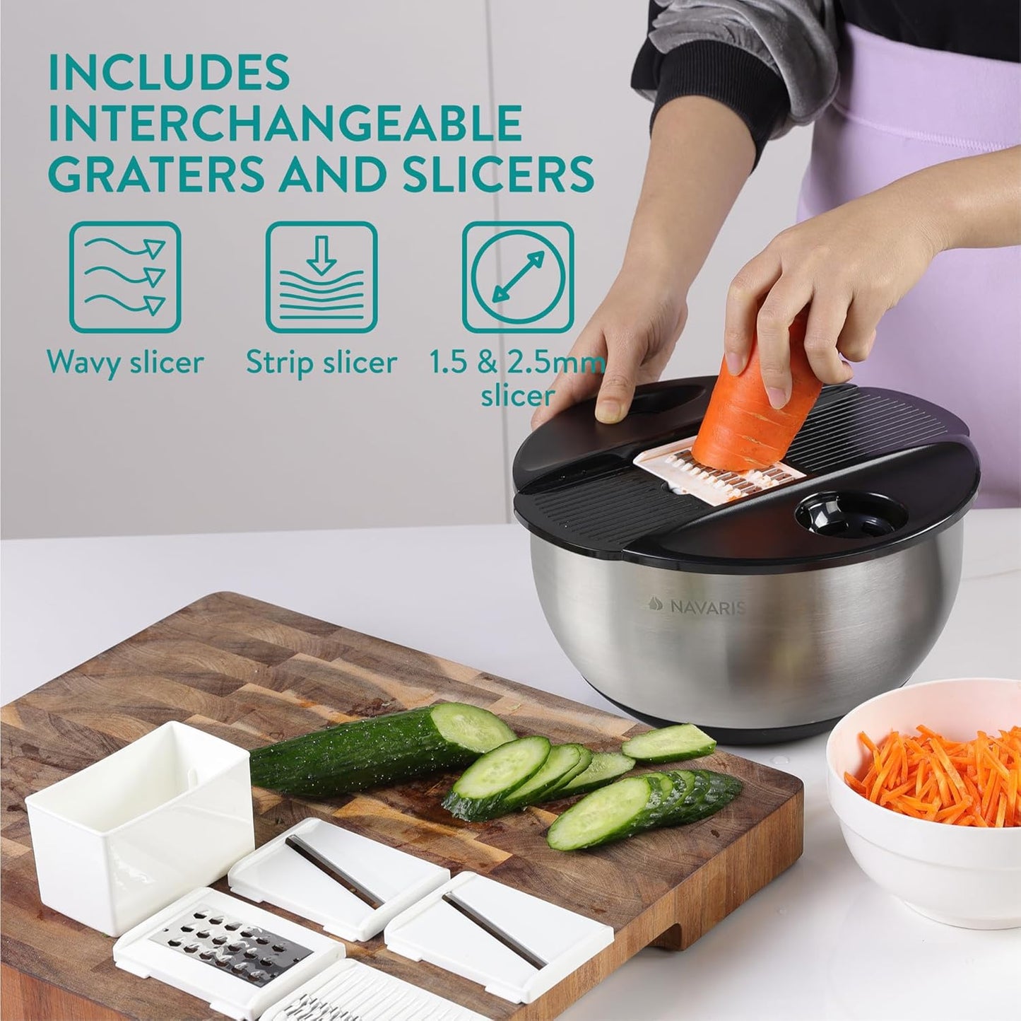 Navaris Salad Spinner with Storage Lid - Durable Stainless Steel Vegetable & Lettuce Dryer Set - Non-Slip Silicone Base - Includes Plastic Colander and Extra Storage Lid - Black