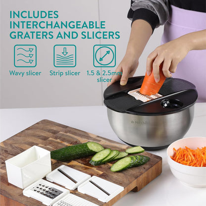 Navaris Salad Spinner with Storage Lid - Durable Stainless Steel Vegetable & Lettuce Dryer Set - Non-Slip Silicone Base - Includes Plastic Colander and Extra Storage Lid - Black