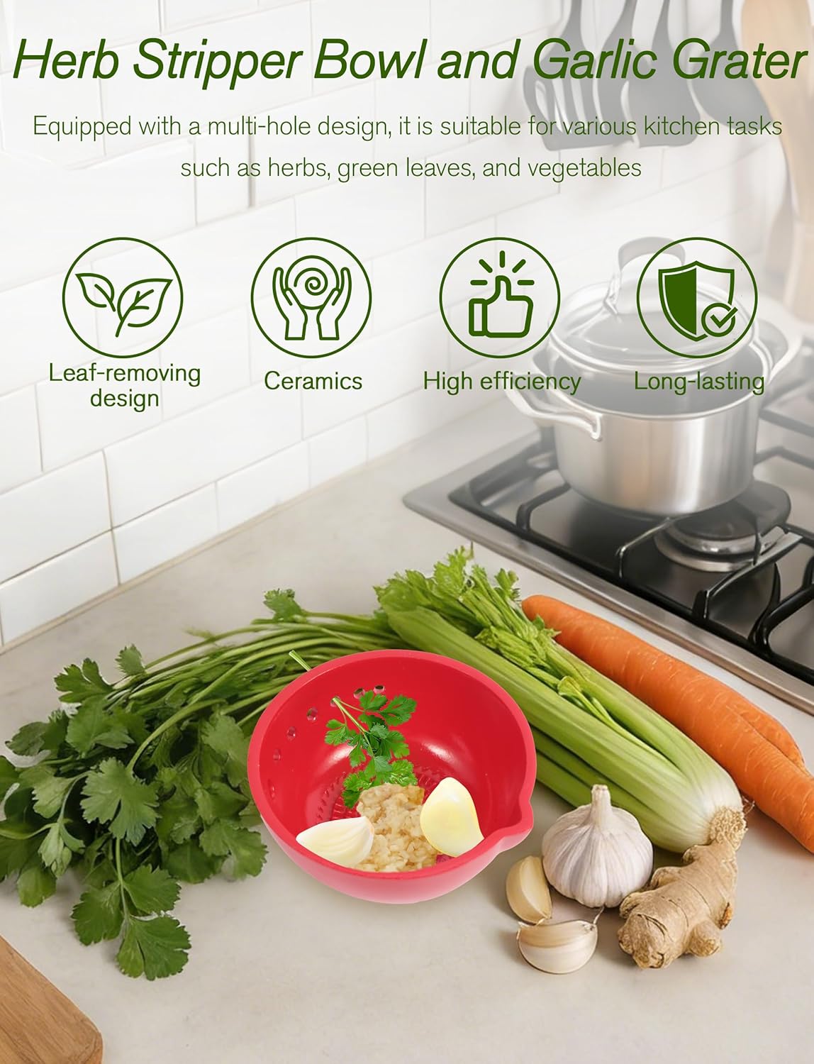 Herb Stripper & Garlic Grater, 2-In-1 7-Hole Design Herb Stripper Bowl, Built-in Garlic Grater Plate for Kale, Chard, Collard Greens, Thyme, Basil, Rosemary (Red)