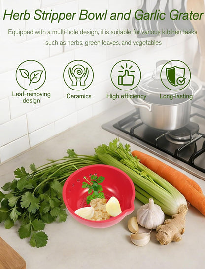 Herb Stripper & Garlic Grater, 2-In-1 7-Hole Design Herb Stripper Bowl, Built-in Garlic Grater Plate for Kale, Chard, Collard Greens, Thyme, Basil, Rosemary (Red)