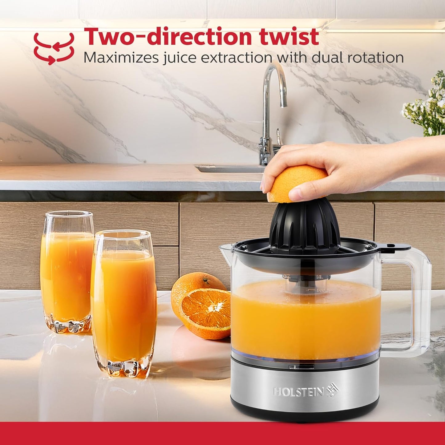 Holstein Housewares 27-oz Electric Citrus Juicer, Black/Stainless Steel - Ideal for Freshly Squeezed Orange, Lemon, Grapefruit Juices for Breakfast or Drinks