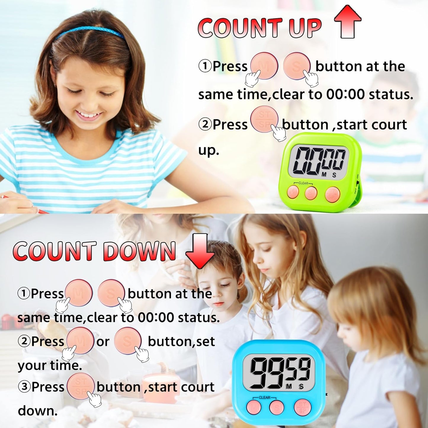 Timer for Kids Teachers Supplies Digital Kitchen Timers for Cooking Large Magnetic Classroom Timer 2Pack-Blue Green