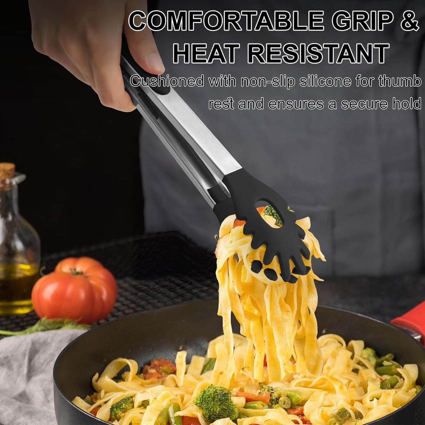 2 PCS Pasta Tong Spaghetti Tongs, 9-Inch & 12-Inch Heat Resistant Silicone Pasta Tongs Spaghetti Server With Teeth Silicone Tong for Serving Food, Cooking, Salad, Spaghetti Noodle, Non-stick (Red)