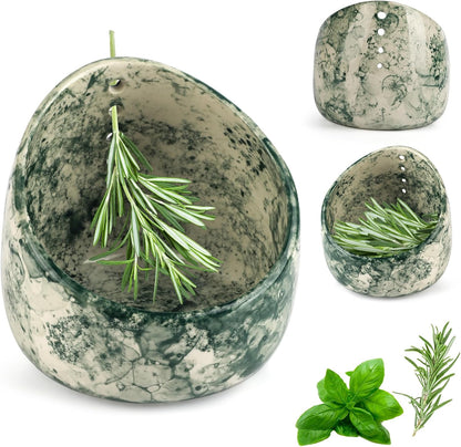 Ceramic Herb Stripper Bowl with Multi-Size Holes, Pottery Leaf Stripper Tool for Rosemary, Thyme and Kale, Green Decorative Kitchen Gadget, 5.2 Inch