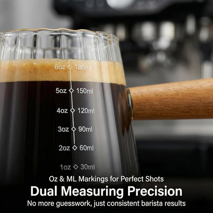 6 oz Espresso Cups With Wood Handle, Espresso Accessories, Ribbed Milk Frothing Pitcher, Glass Measuring Cup, Shot Glass with V-Shaped Mouth, Coffee Bar Epresso Shots Cup
