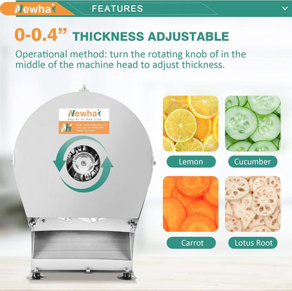 Newhai 0-10mm Commercial Onion Slicer Potato Chips Sweet Potato Tomato Slicing Machine Electric Cabbage Shredder Machine Vegetable Fruit Processor 0-0.4’’ Stainless Steel