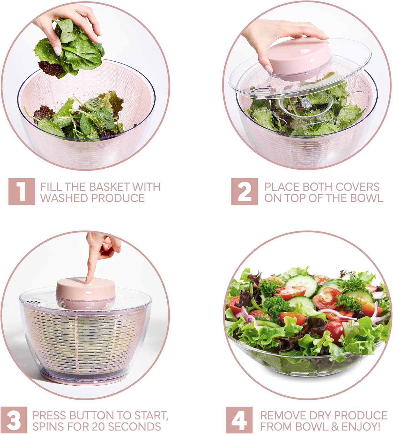 COOK WITH COLOR Electric Salad Spinner, Round 4.5L Capacity – Fast Drying & Easy Spin for Fresh Greens, Cream
