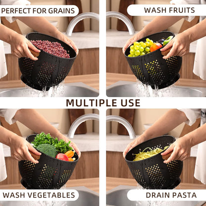 Metal Colander with Wood Handle and Stable Base, 5.5 Quart Powder Coated Steel Kitchen Strainer Basket for Draining Pasta, Vegetable and fruit,Cream