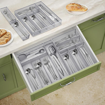 Neudeco Silverware Drawer Organizer - 5 Compartment Cutlery Tray with Non-Slip Feet, Mesh Wire Flatware Storage Divider for Kitchen, Bedroom, Living Room (Silver)