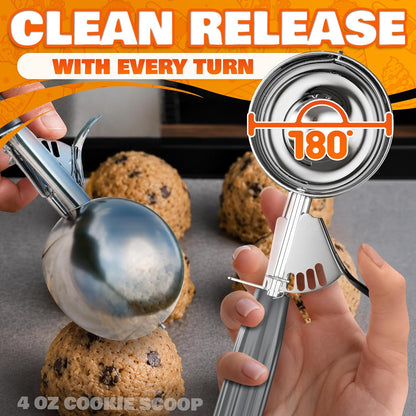 Cookie Scoop Set - Ice Cream Scoop with Trigger - Cookie Scoops for Baking Set of 3#16 (2.7 oz), #20 (2 oz), #30 (1.25 oz), Stainless Steel Versatile Tool, Portion Control for Cookies and Treats Prep