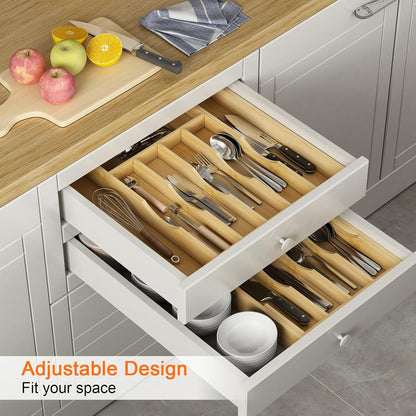 Youpehom Bamboo Utensil Organizer for Kitchen Drawers, Utensil Tray and Cutlery Silverware Holder,Wood Drawer Dividers with 5 Slots