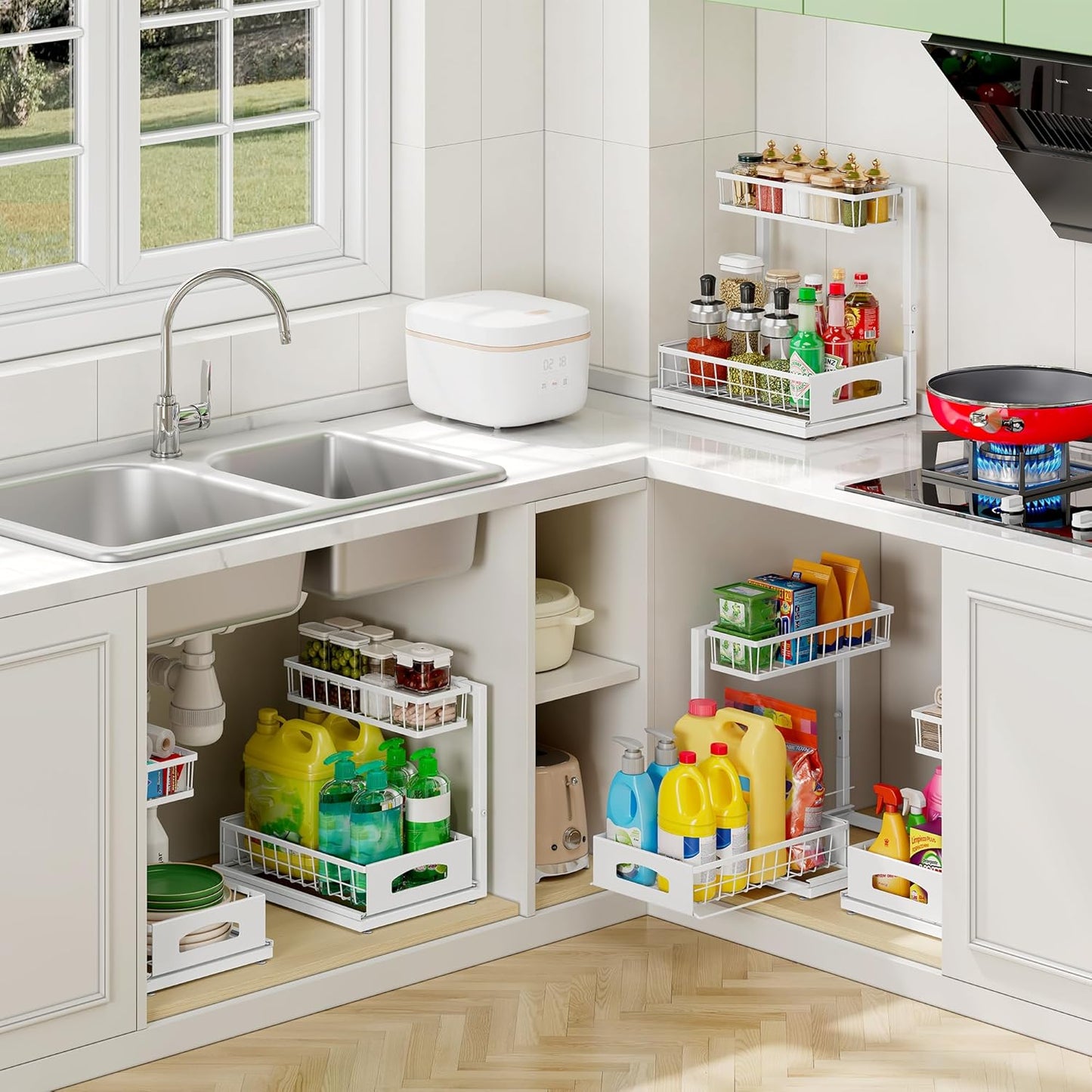Under Sink Organizer, 2 Pack Cabinet Organizer for Kitchen, Height Adjustable Pull Out Heavy Duty 2 Tier Metal Under Sink Storage for Bathroom Pantry (Black, 2 Pack)