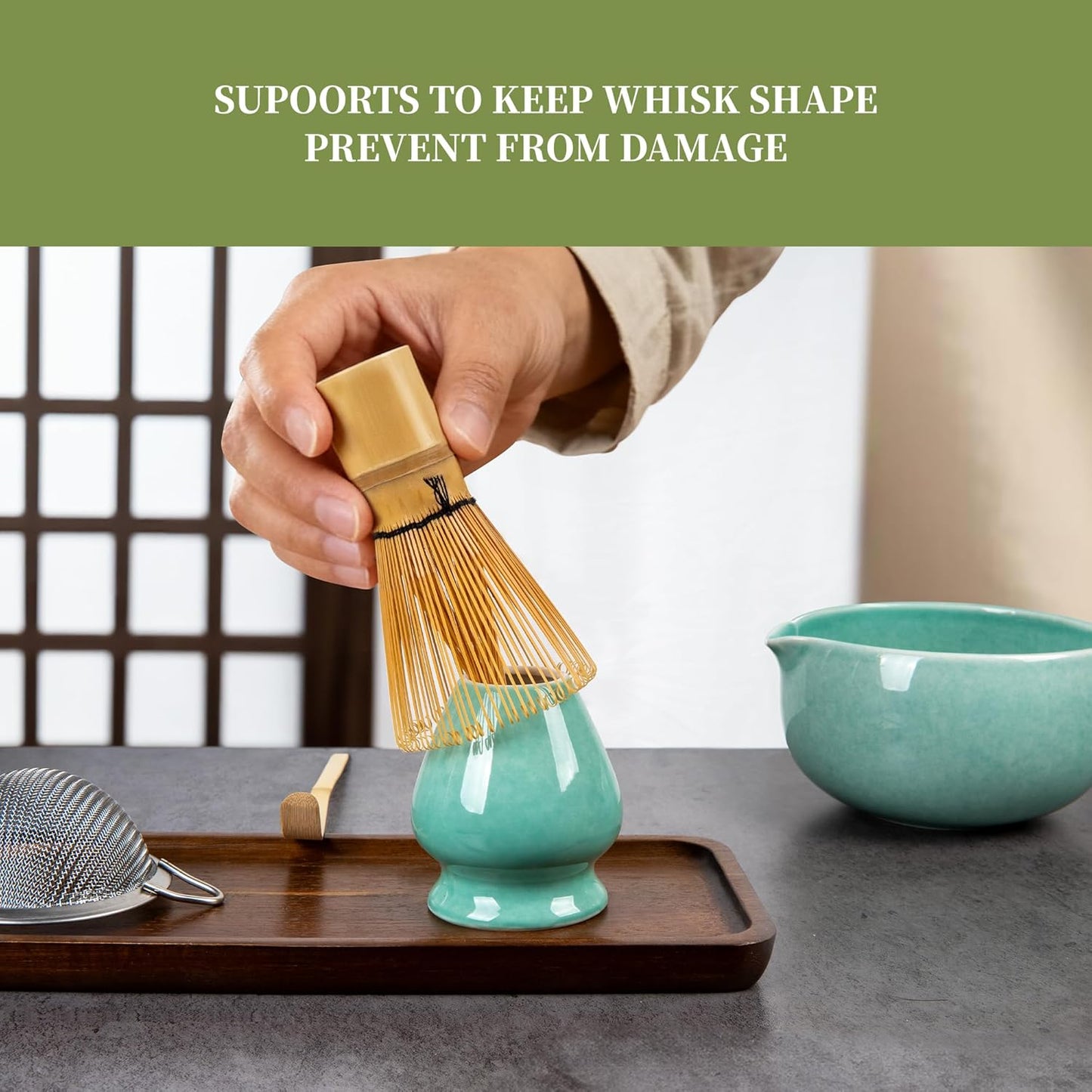 YIBO Matcha Whisk Set With Bowl, Ceramic Matcha Making Kit Includes Bamboo Whisk (Chasen), Holder Stand, Powder Starter Sifter, Scoop, Measuring Spoon & Cup Tea Tools For Ceremony (Mottled Green)