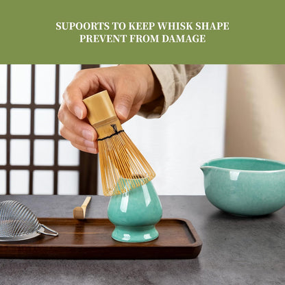 YIBO Matcha Whisk Set With Bowl, Ceramic Matcha Making Kit Includes Bamboo Whisk (Chasen), Holder Stand, Powder Starter Sifter, Scoop, Measuring Spoon & Cup Tea Tools For Ceremony (Mottled Green)