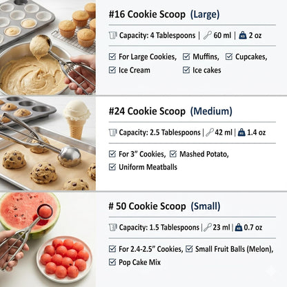 Ice Cream Scoop, 3Pcs Cookie Scoop Set, 18/8 Stainless Steel Cookie Dough Scoop, Cookie Scoops for Baking Set of 3, Ice Cream Scooper with Trigger Release, Cookie Scooper for Baking