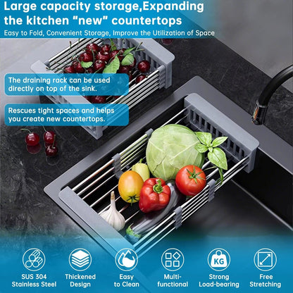 Over The Sink Dish Drying Rack, Stainless Steel Expandable Telescopic Drain Basket with Adjustable Arms - Functional Kitchen Sink Organizer for Dishes, Vegetables & Fruits (Large, Black)