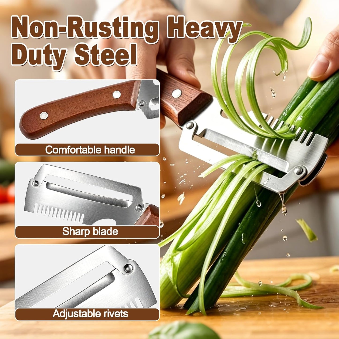 Vegetable Peeler with Wooden Handle, 3-in-1 Multifunctional Peelers for Kitchen - Scallion Shredder, Julienne Slicer & Bottle Opener, Stainless Steel Blade, Potato Carrot Fruit（2 Pack）