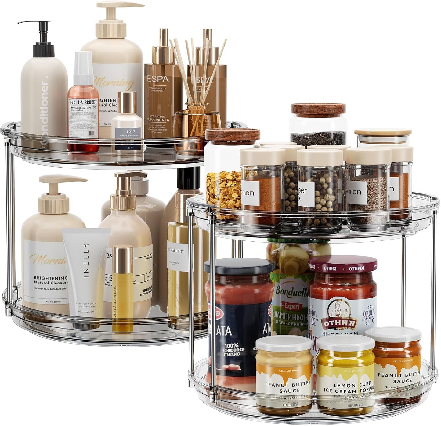 LAMU 2 Tier Lazy Susan Turntable Organizer 9.25'' Rotating Spice Rack Organization for Cabinet, Kitchen, Pantry, Countertop, Bathroom, Vanity, Medicine Cabinet Organizer, Clear