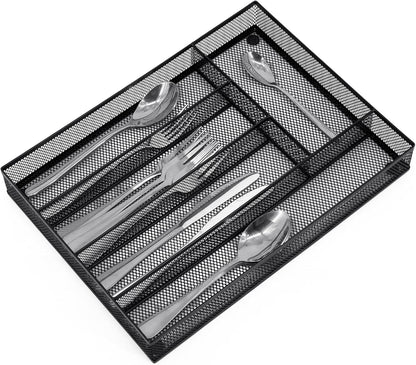 Neudeco Silverware Drawer Organizer - 5 Compartment Cutlery Tray with Non-Slip Feet, Mesh Wire Flatware Storage Divider for Kitchen, Bedroom, Living Room (Silver)