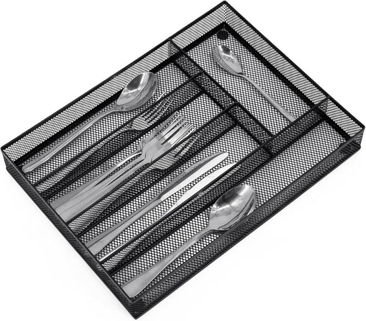 Neudeco Silverware Drawer Organizer - 5 Compartment Cutlery Tray with Non-Slip Feet, Mesh Wire Flatware Storage Divider for Kitchen, Bedroom, Living Room (Silver)