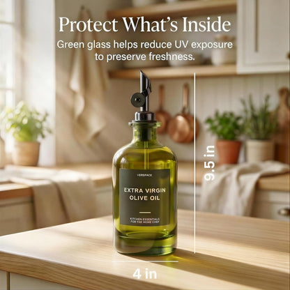 Verspace UV-Protected Green Glass Olive Oil Dispenser Bottles For Kitchen - 2 Pack - 12oz Includes 40 Kitchen Essential Labels, Avocado Oil Dispenser Set, Modern Decor for Home, Airbnb, Cafe