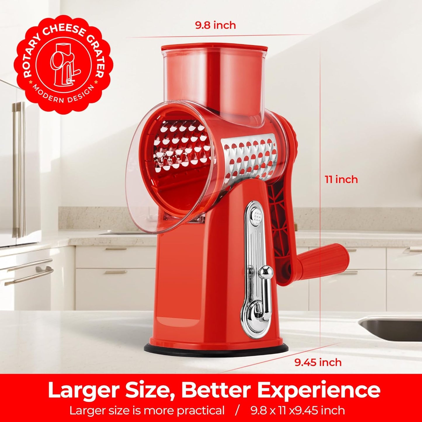 SUSTEAS Rotary Cheese Grater with Handle - Vegetable Shredder with 5 Well-designed Blades & Strong Suction Base,Round Mandoline Slicer & Food Chopper for Kitchen,with Blade Storage Box(Beige)