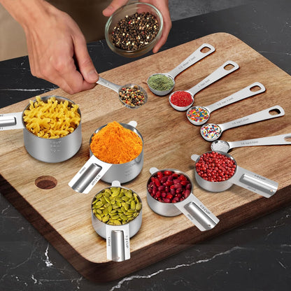 Magnetic Measuring Cups and Spoons Set, 7 Nesting Stainless Steel Measuring Cup Set with Easy to Read Markings, 7 Magnetic Measuring Spoons & 1 Leveler for Measuring Dry or Liquid Ingredients