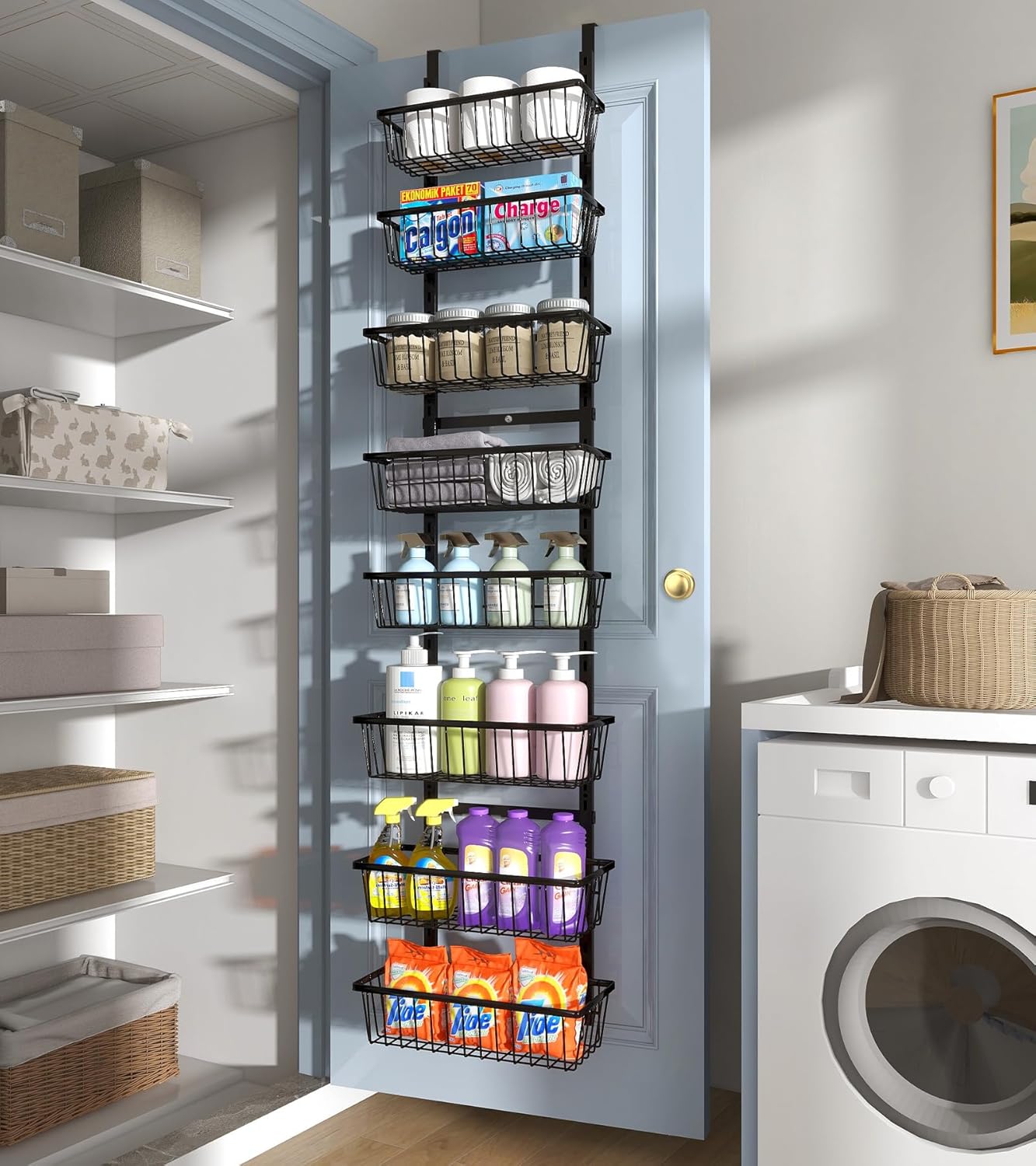 Mefirt White 9-Tier Over The Door Pantry Organizer, Pantry Organization and Storage, Deep Baskets Hanging Heavy-Duty Metal, Wall Spice Rack Seasoning Shelves for Home & Kitchen, Laundry Room Bathroom