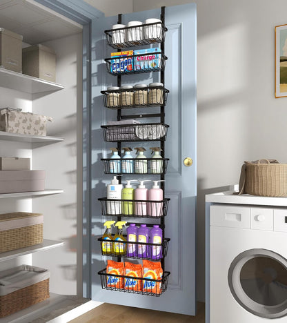 Mefirt White 9-Tier Over The Door Pantry Organizer, Pantry Organization and Storage, Deep Baskets Hanging Heavy-Duty Metal, Wall Spice Rack Seasoning Shelves for Home & Kitchen, Laundry Room Bathroom