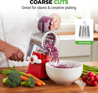 NutriChef 3 in 1 Cheese Grater & Shredder | Strong Suction Base, Rotary Handle with Safety Lock | Includes Hand Crank & 3 Drum Blades for 3 Textures, Fine, Medium & Strips | White