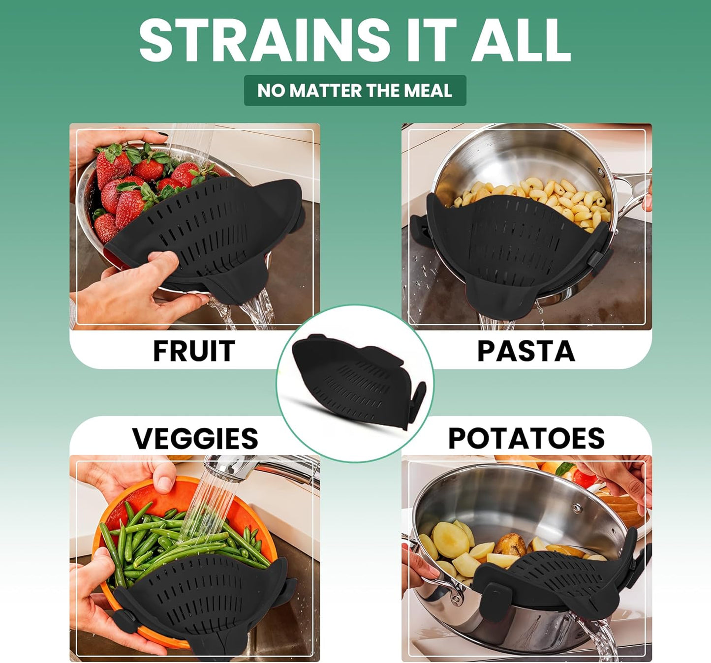Pasta Strainer Clip-On for Pots and Pans – Heat Resistant Colander for Vegetables and Noodles – Space-Saving Design – BPA-Free, Dishwasher Safe, Universal Fit (Black)