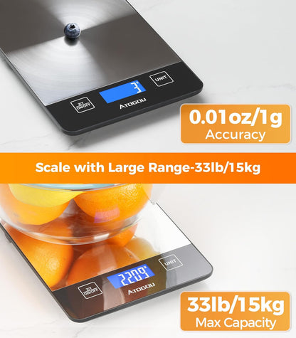 Atogou Food Scale - 33lb Digital Kitchen Scale Ounces Grams, Rechargeable & Full-View Display, Water-Resistant, Batteries or USB-C Charging, Stainless Steel, for Cooking, Meal Prep, Package (Black)