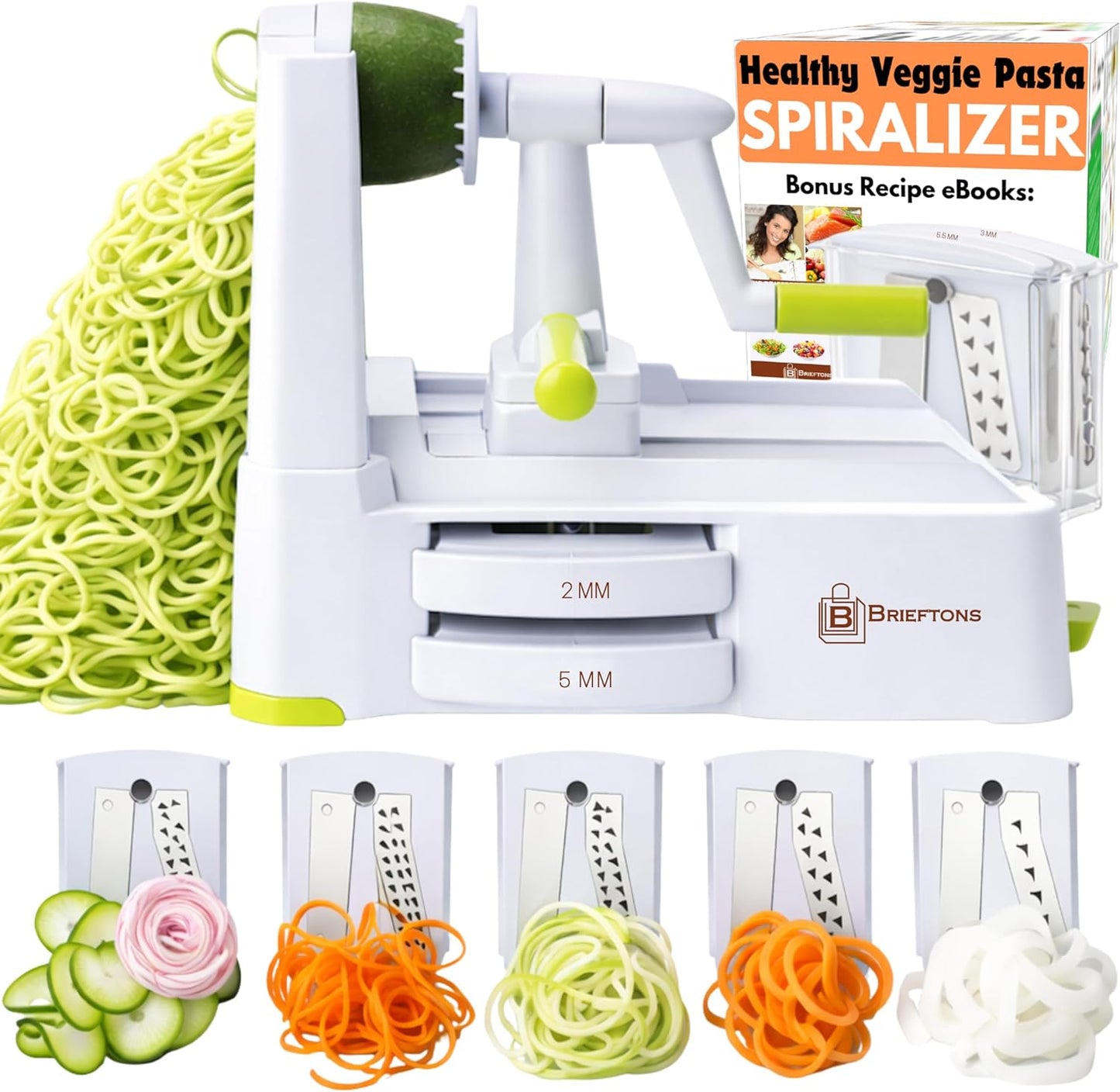 Brieftons 7-Blade Vegetable Spiralizer: Zucchini Spiral Slicer & Veggie Noodle Maker, Japanese Steel Blades, Catch Container, Strong Suction Cup, Blade Caddy, 4 eBooks | Low Carb, Vegan, Gluten-Free