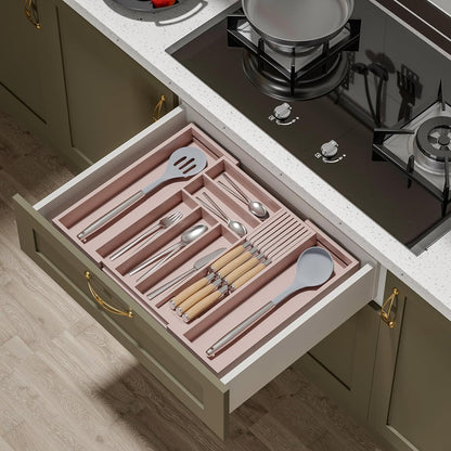 TIOPGHAD Small-Bamboo-Silverware-Drawer-Organizer, Expandable Utensil Kitchen Cutlery Tray Flatware Organization Adjustable Wood Tableware Dividers Storage (with Removable Knife Block)(Natural)