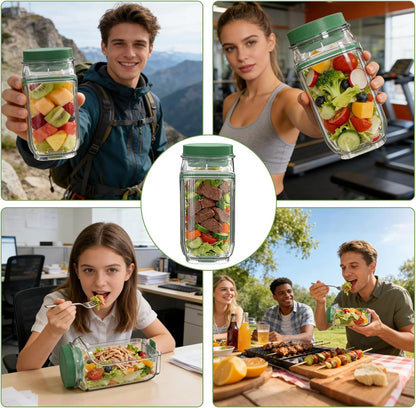 FNHMSL Side-Opening Mason Salad Jar, Portable (35 oZ) 1000ml Salad Container with Leakproof Dressing Cup, Includes Spoon and Cleaning Brush, Perfect for Meal Prep, Gym, Office, Picnic and Travel