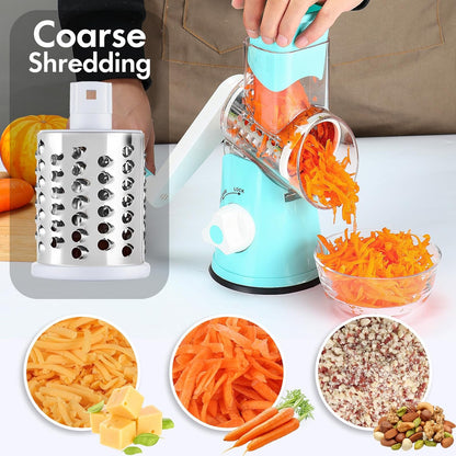 Rotary Cheese Grater with Handle, Round Mandoline Speed Kitchen Slicer, 3 in 1 Multifunctional Vegetable Shredder Manual Nut Grinder for Nuts, Potato, Carrot, Cucumber (Pink)