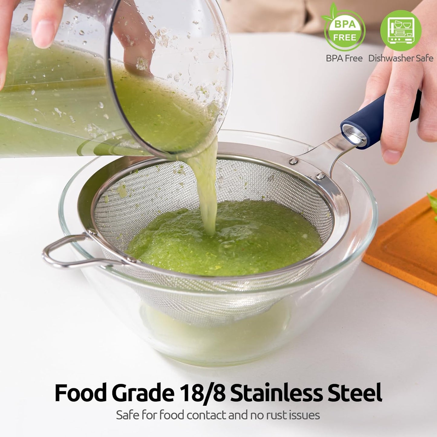 18/8 Stainless Steel Mesh Strainer: U-Taste 5.5 Inch Kitchen Fine Mesh Sieve Food Colander with Riveted Sturdy Silicone Handle and 30 Mesh Hole for Straining Flour, Pasta, Fruit, Quinoa(Aqua Sky)