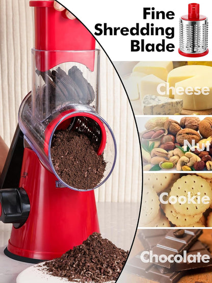 Rotary Cheese Grater with Handle - 3 in 1 Cheese Shredder Rotary Grater Stainless Steel Handheld, Vegetable Slicer for Fruit, Cheese, Nuts(Red)