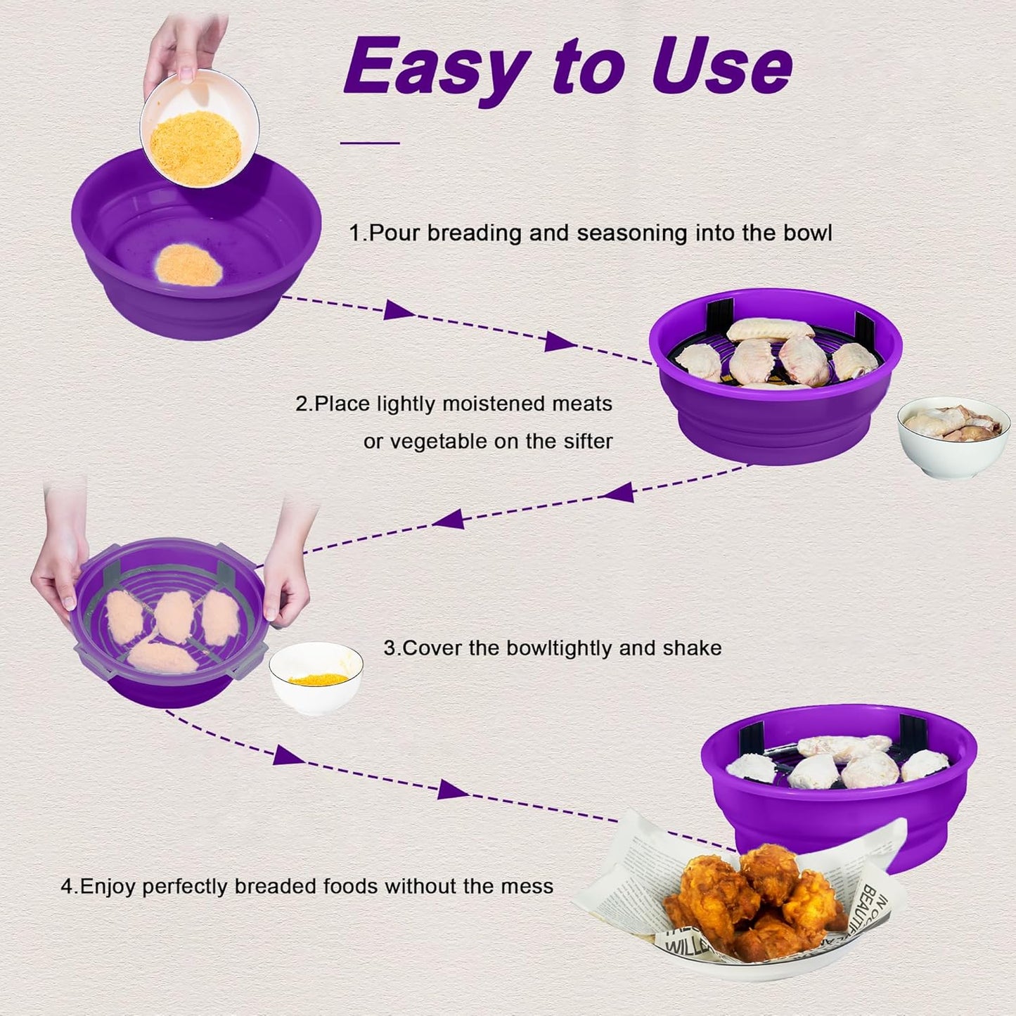 FJNATINH Collapsible Batter Bowl - Mess Free Better Breader Shaker Bowl with Lid Breading Shaker Container - Great for Fried Fish, Fried Chicken, Onion Rings, Wings & More,No Leak,Easy to Store