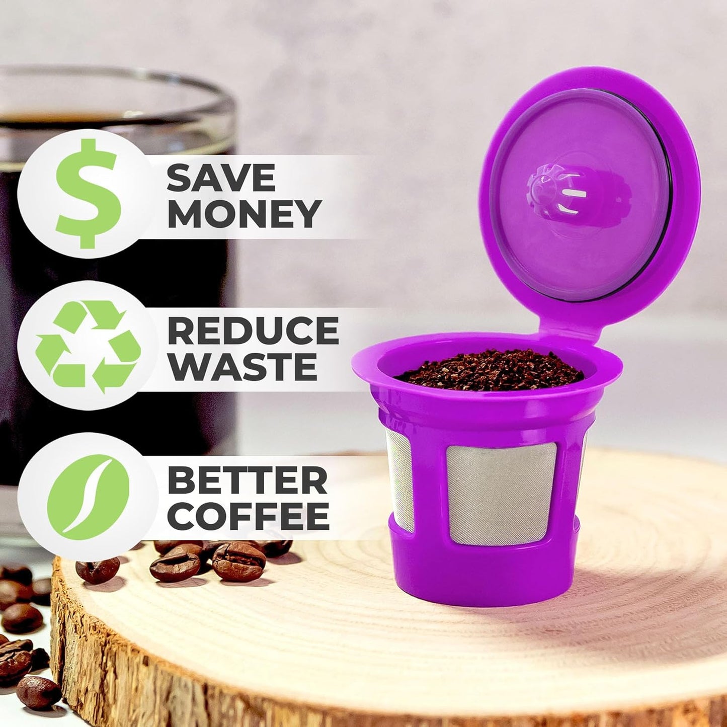 2-Item Bundle: 4-Pack Cafe Save 1-Stream Reusable K Cup Coffee Filters + EZ-Scoop 2 Tbsp Scoop with Integrated Funnel, Refillable Pod Capsule For Use with Keurig & Select Single Cup Coffee Maker