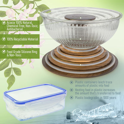 Set of 5 Nesting Glass Bowls with New Updated Acacia Lids for Foodprep, Storage, Mixing & Cooking - Microwave & Oven-ready BPA Free Durable Heat Resistant Inert Borosilicate Glass