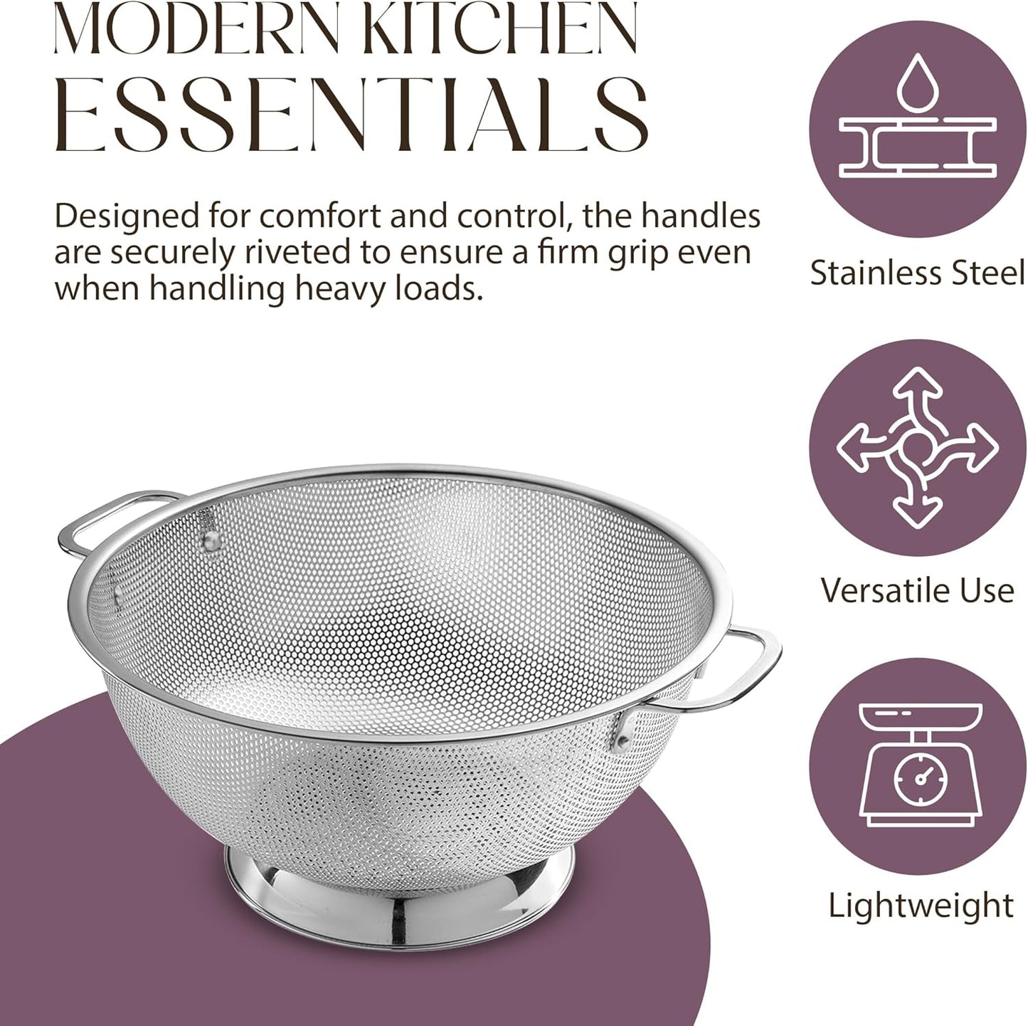 Bellemain Colander for Kitchen – 5 Qt Stainless Steel Strainer with Handle - 18/8 Pasta Strainer Bowl for Pasta, Spaghetti, Vegetables, Fruit, and Pot Draining - Stainless Steel Colander