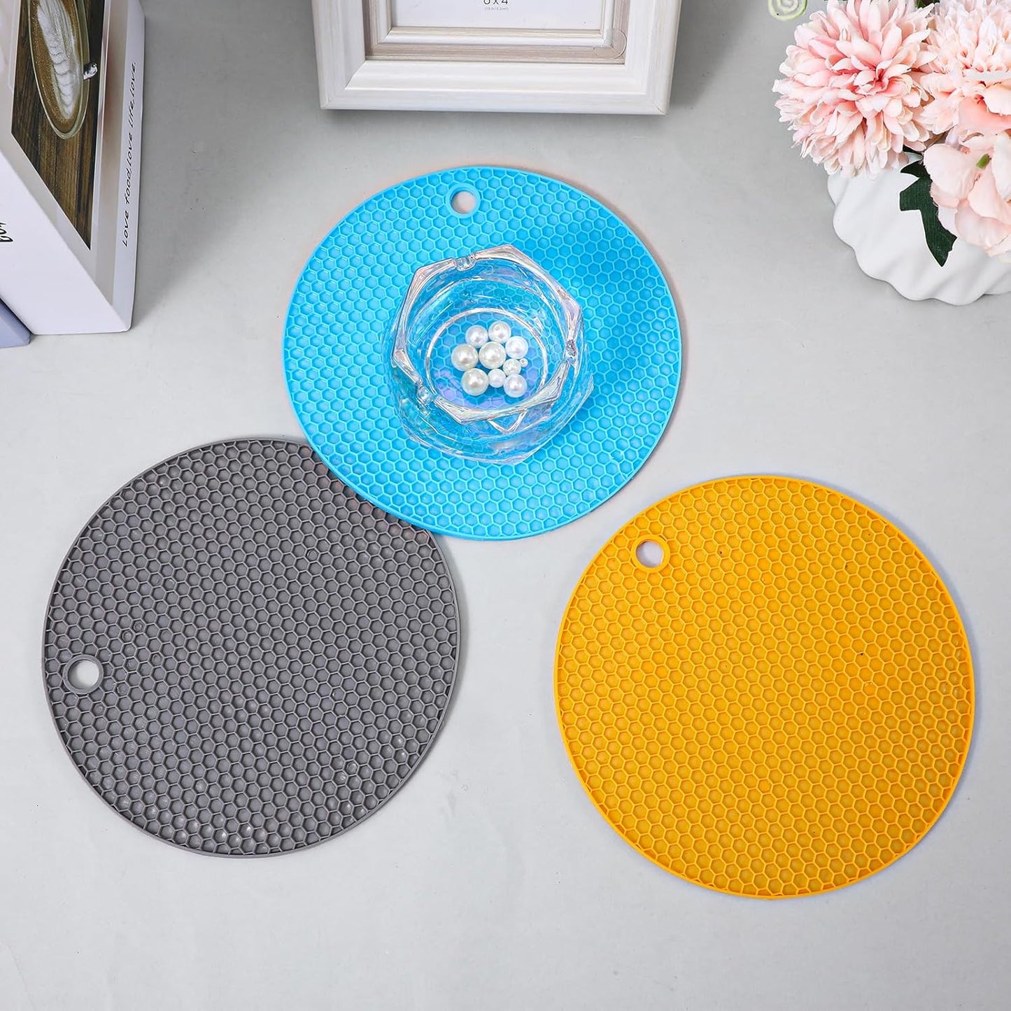 3Pcs Rubber Jar Opener,Round Large Jar Opener Gripper Pad Kitchen Non-Slip Coasters for Weak Hands,6.7x6.7Inch(Gray,Blue,Orange)