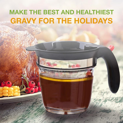 Fat Separator With Bottom Release, 4 Cup Gravy Separator for Cooking with Oil Strainer, Kitchen Gadgets Grease Separator Packaged with a 3-in-1 Multifunctional Peeler (Red)