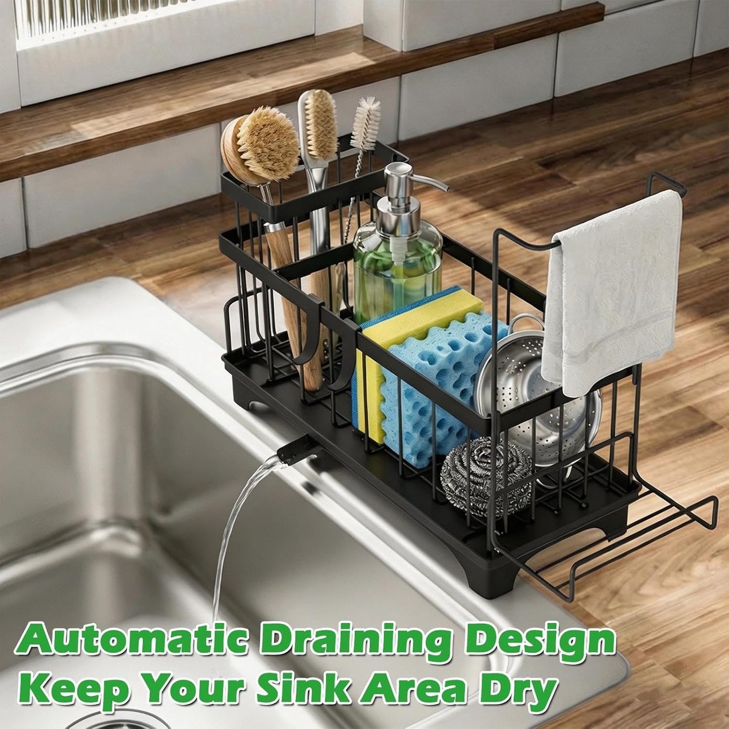 Sponge Holder for Kitchen Sink, Sink Caddy Organizer with Detachable Cloth & Brush Holder, Self-Draining Sponge Caddy Organizer with 360° Rotatable Spout, Kitchen Countertop Storage Accessories(White)