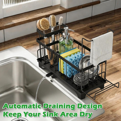 Sponge Holder for Kitchen Sink, Sink Caddy Organizer with Detachable Cloth & Brush Holder, Self-Draining Sponge Caddy Organizer with 360° Rotatable Spout, Kitchen Countertop Storage Accessories(White)