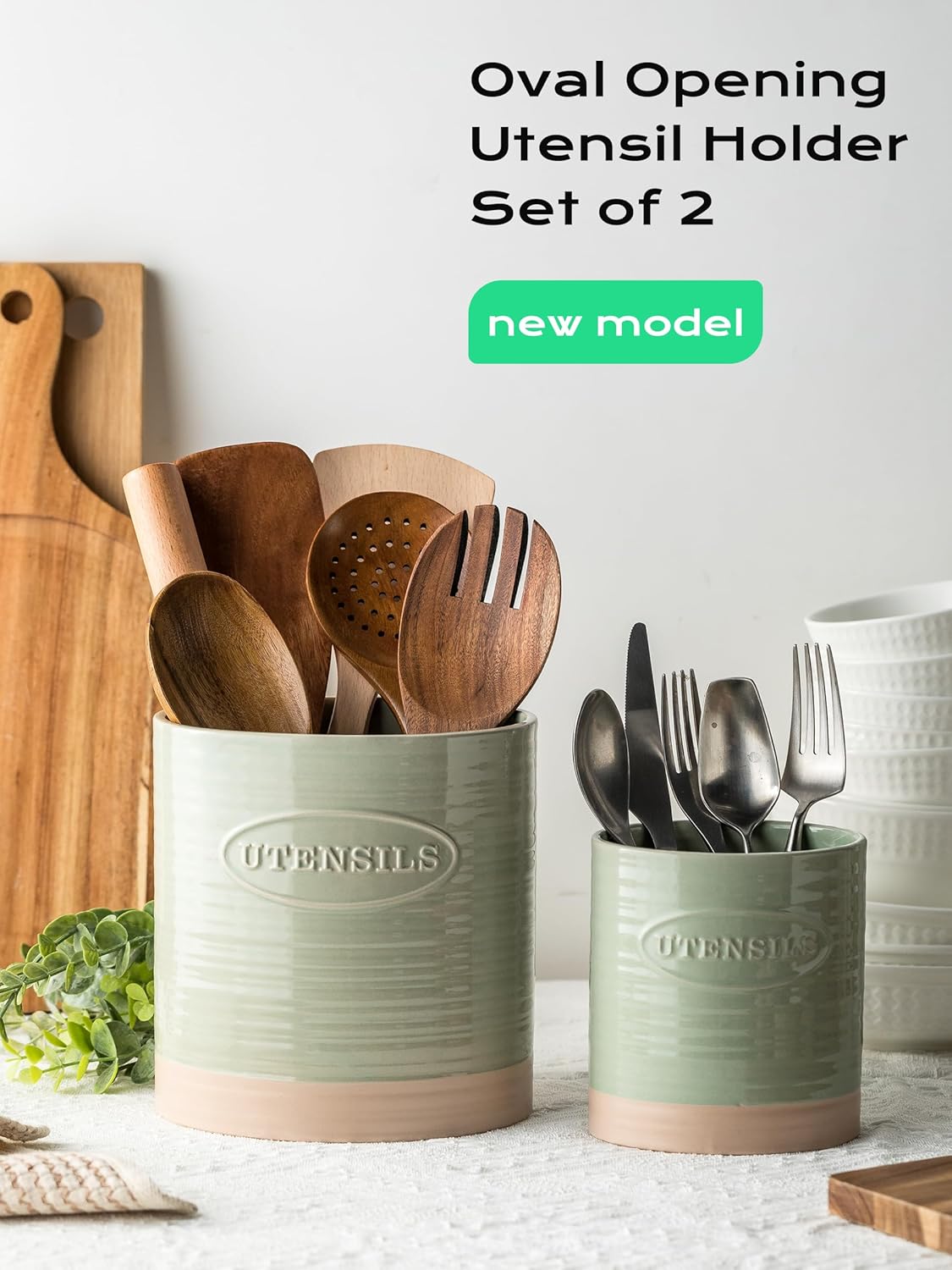 YHOSSEUN Kitchen Utensil Holder, Ceramic Utensil Holder for Kitchen Counter 6.7" Large Cooking Utensil Crock Farmhouse Utensil Organizer Storage, Oval Opening, Green